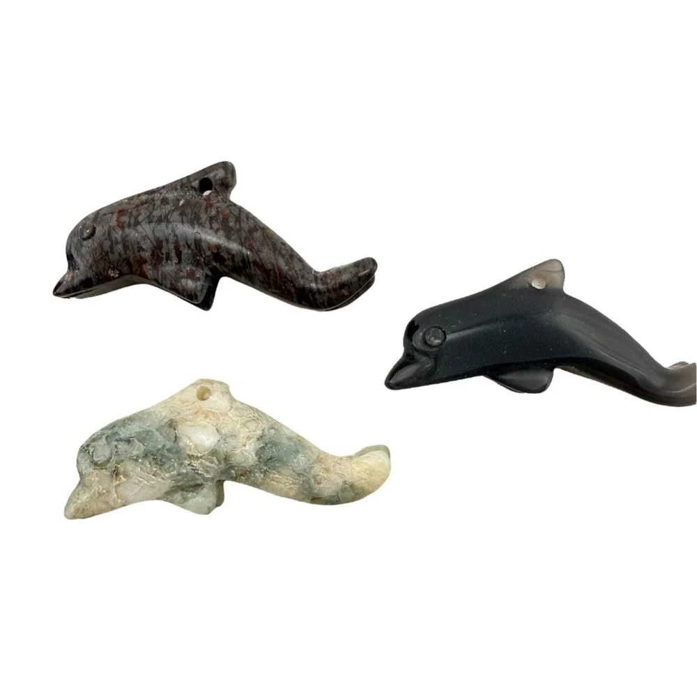 Carved Gemstone Dolphin Charms Agate Marble Beads (5) Drilled for Jewelry
